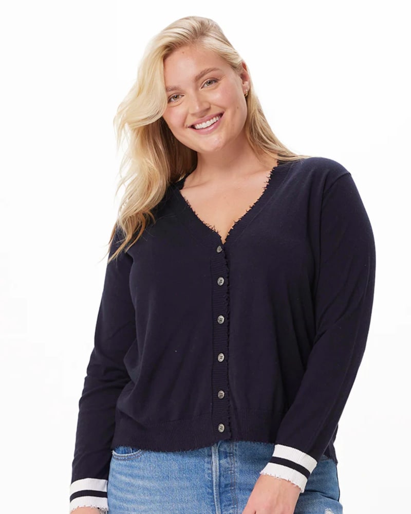Front of a model wearing a size 1X Cotton Cashmere Frayed Cardigan w/ Striped Cuff in NAVY by Minnie Rose. | dia_product_style_image_id:302710